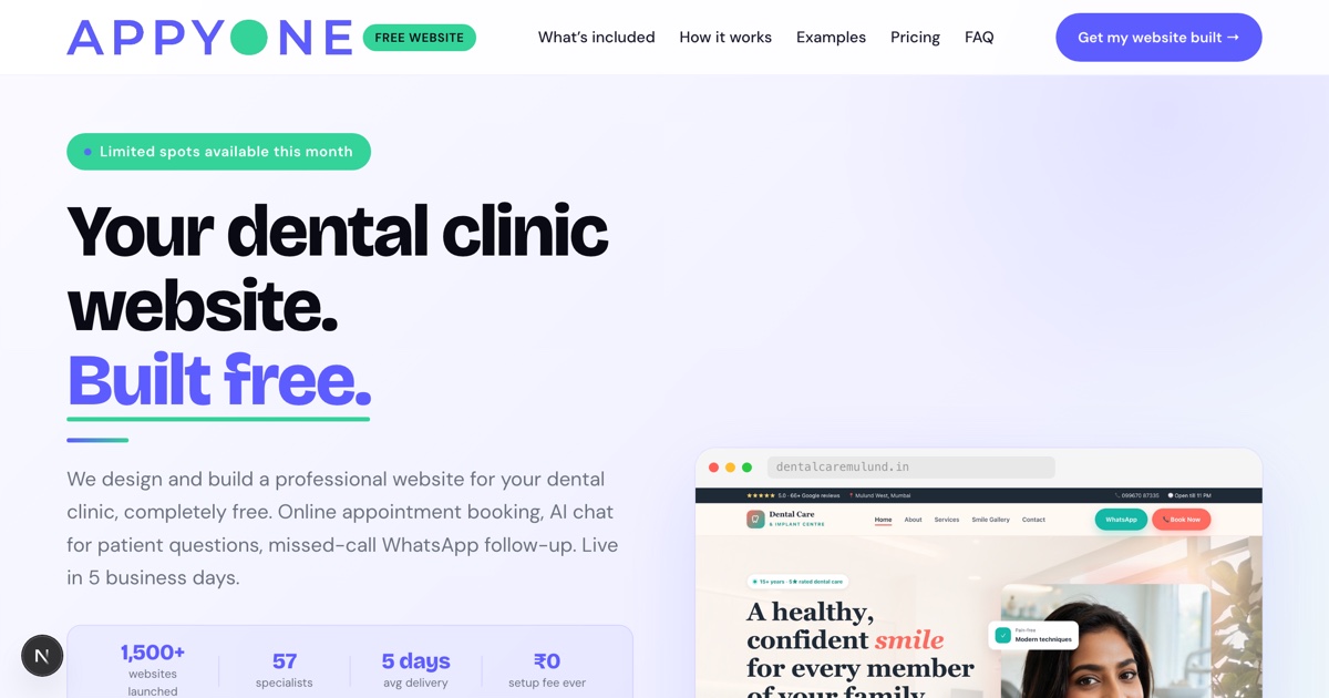 Appyone demo: a done-for-you dental clinic website with online booking and AI chat